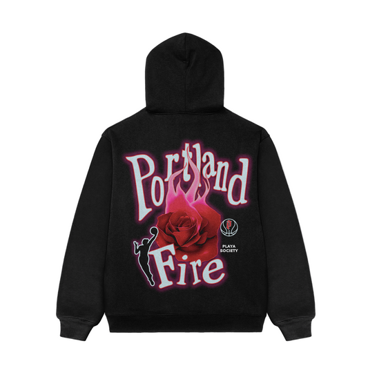 Black hoodie with 'Portland Fire' graphic on the back, featuring a red rose and the wnba logo of a female basketball player