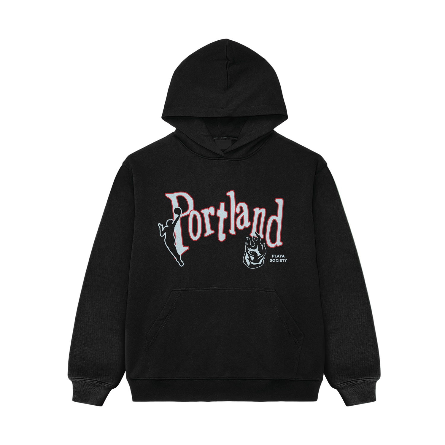 Black hoodie with 'Portland' text and burning rose graphics alonside the wnba logo