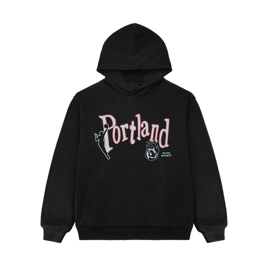 Black hoodie with 'Portland' text and burning rose graphics alonside the wnba logo