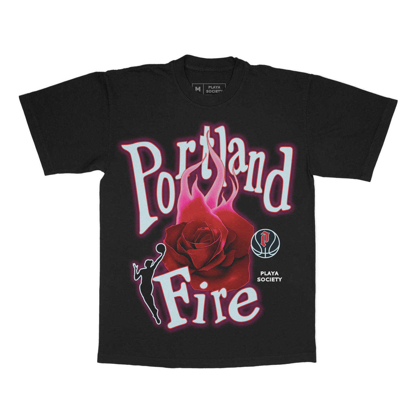 Black t-shirt with 'Portland Fire' graphic design featuring a red rose and basketball player logo on a white background.