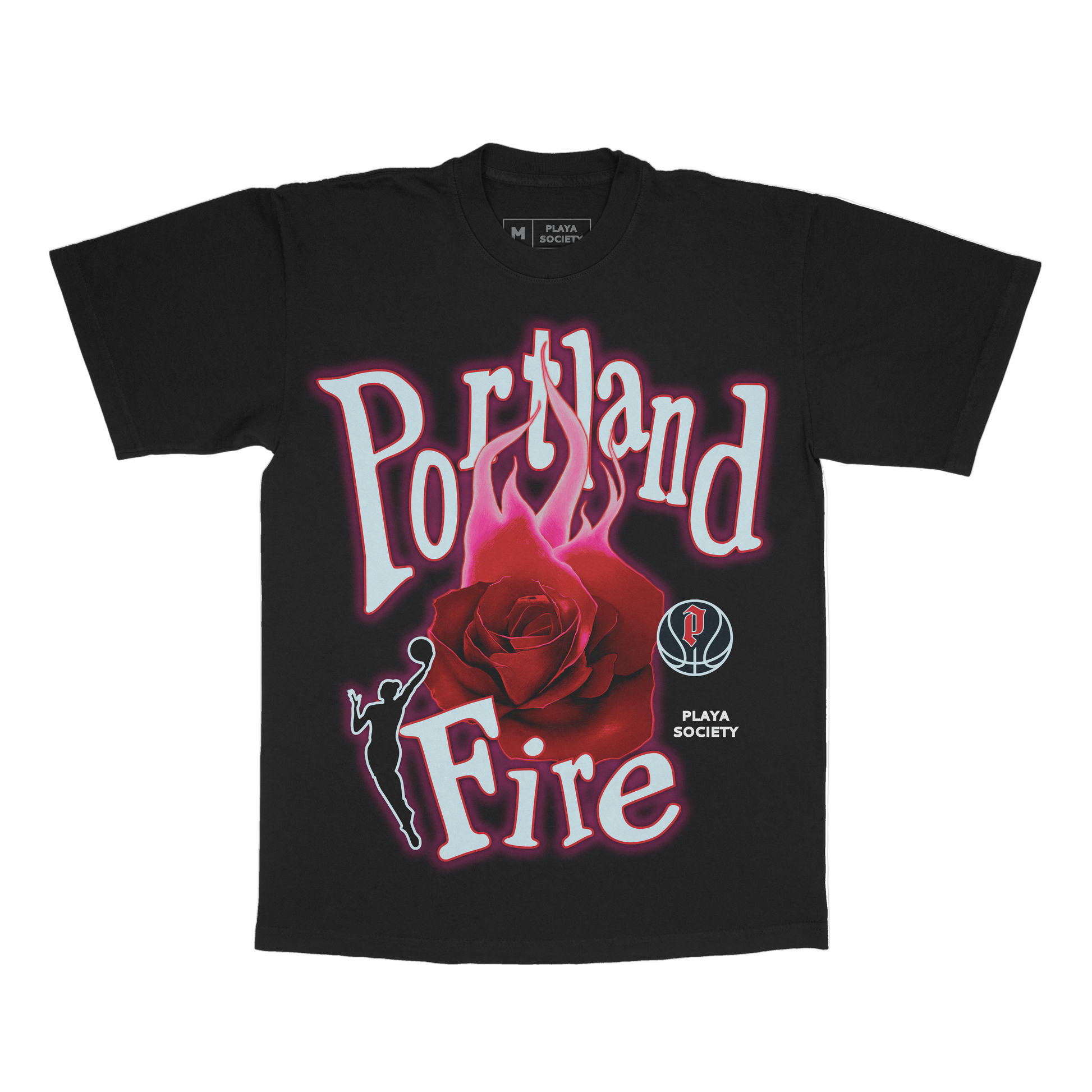 Black t-shirt with 'Portland Fire' graphic design featuring a red rose and basketball player logo on a white background.