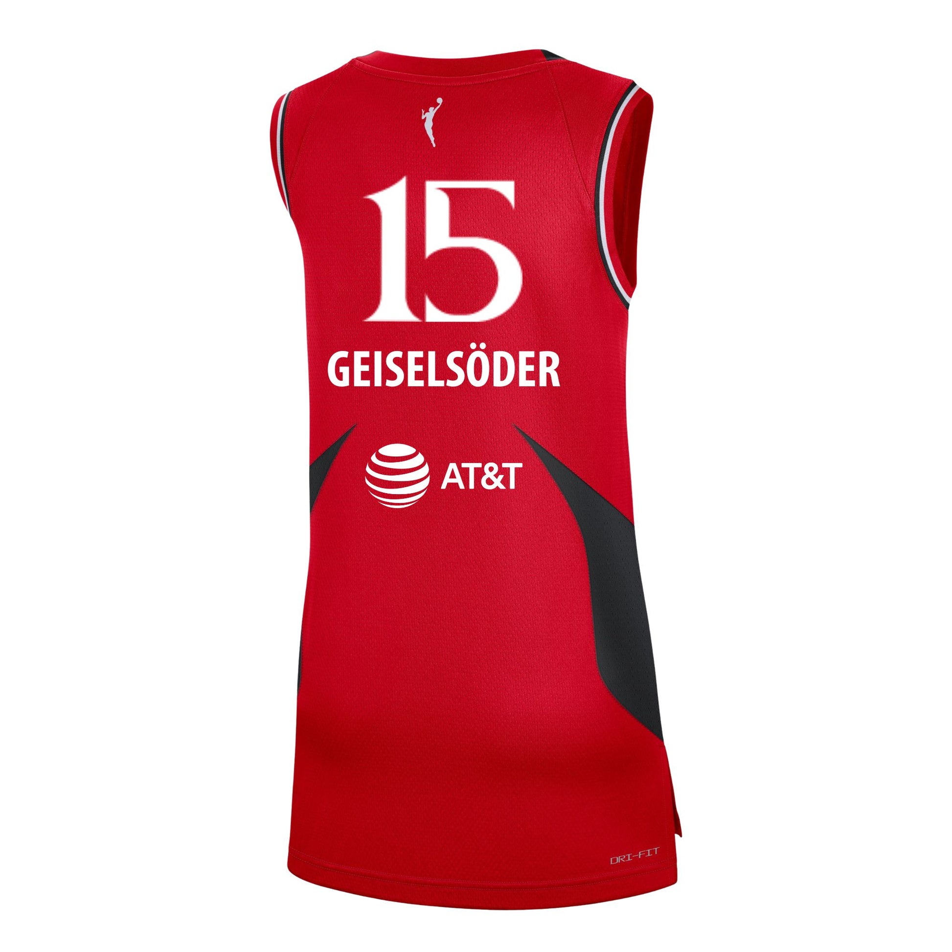 Red Portland Fire basketball jersey showing number 15 with the name Geiselsöder on the back, featuring black side panels and AT&T sponsor logo.