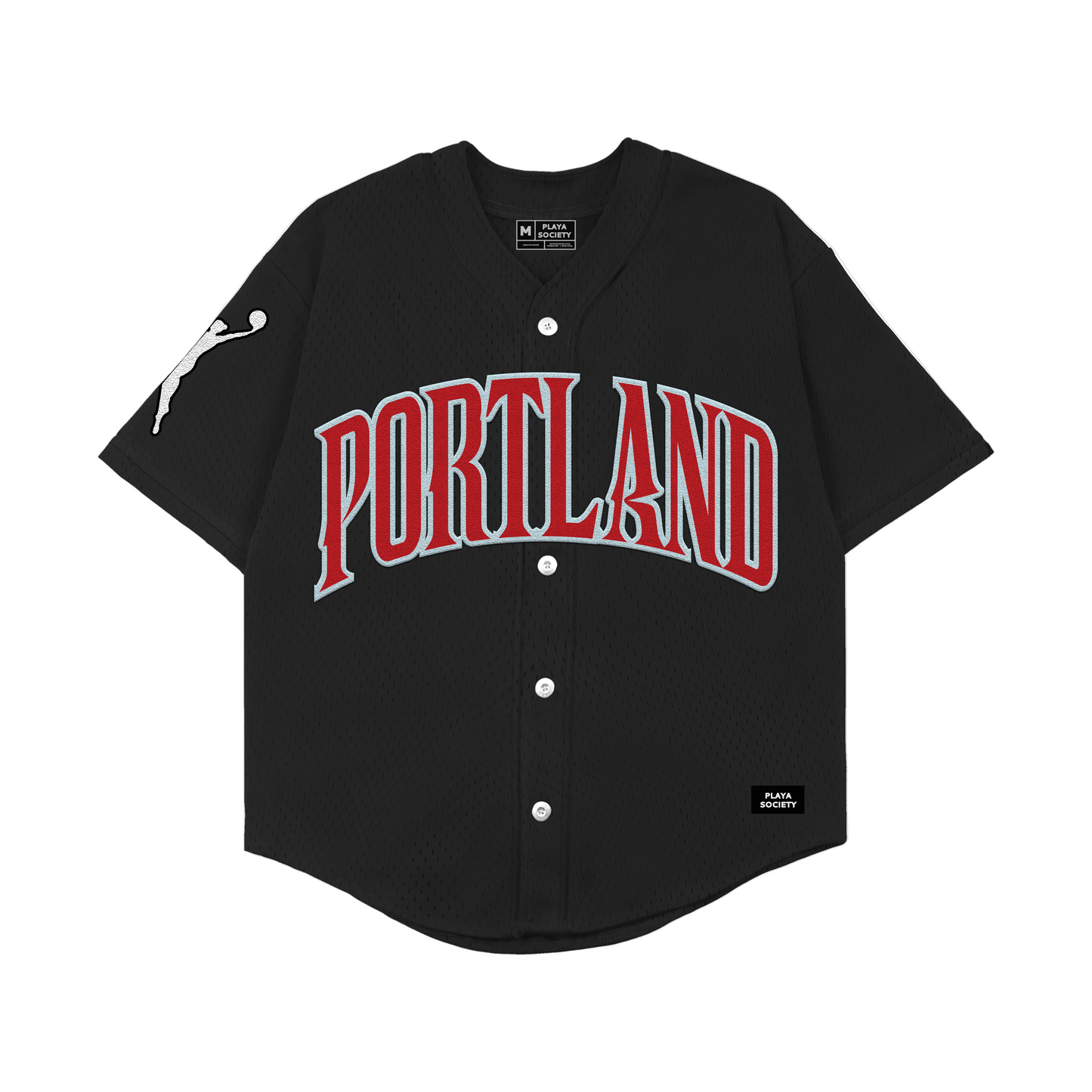 Black baseball jersey with 'Portland' printed on it, featuring white wnba logo on sleeve.